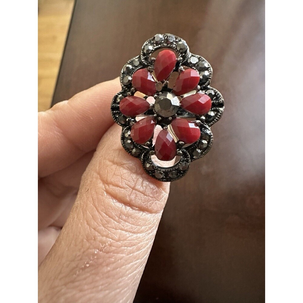 Designer Coral & Black Marcasite Adjustable Ring